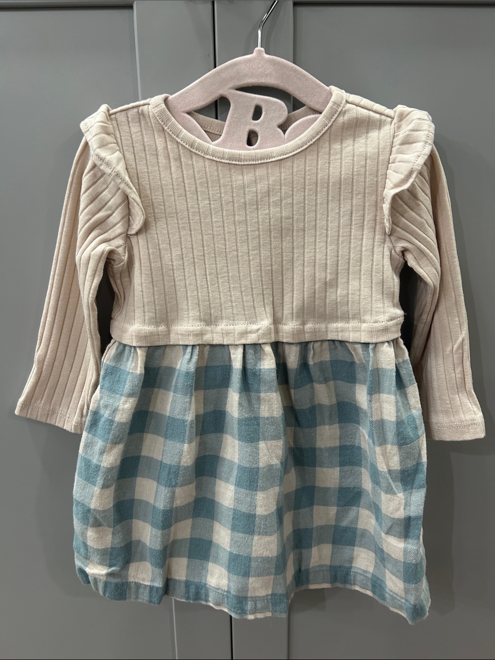 Girls Ribbed Beige & Blue Gingham Long Sleeve Dress 12M